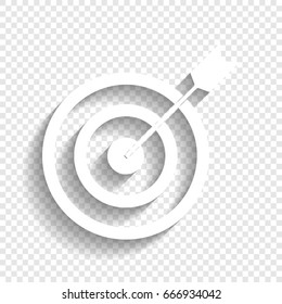 Target with dart. Vector. White icon with soft shadow on transparent background.