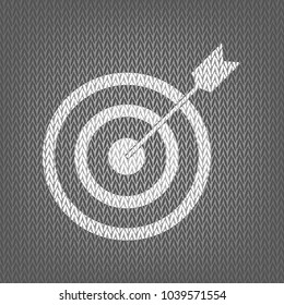 Target with dart. Vector. White knitted icon on gray knitted background. Isolated.