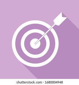 Target with dart. White Icon with long shadow at purple background. Illustration.