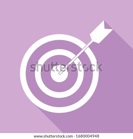 Target with dart. White Icon with long shadow at purple background. Illustration.