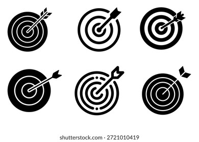 Conjunto de Vector de silueta de diana y diana que simboliza el enfoque, la precisión y el éxito. Adecuado para gráficos de estrategia de negocios, objetivos de marketing y conceptos de logro.