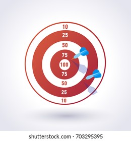 Target with darts. Darts arrows hitting center target on light blue background. Vector clip art