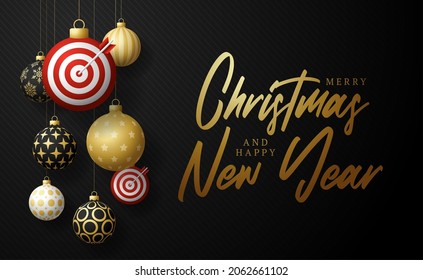 Target Dash Christmas card. Merry Christmas sport greeting card. Hang on a thread Target Dash as a xmas ball and golden bauble on black background. Sport Vector illustration.