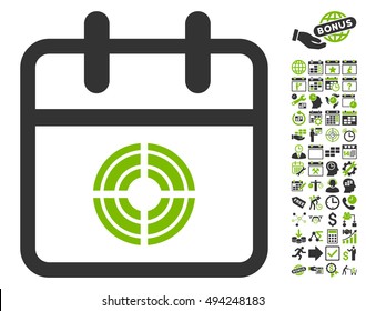 Target Day icon with bonus calendar and time management pictograph collection. Vector illustration style is flat iconic bicolor symbols, eco green and gray colors, white background.