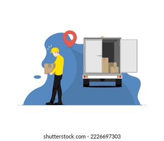 Target delivery service concept, Human courier with truck car, Digital marketing illustration.