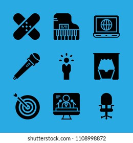 target, desk chair, patch, television, laptop, bed, manager, piano and microphone vector icon. Simple icons set