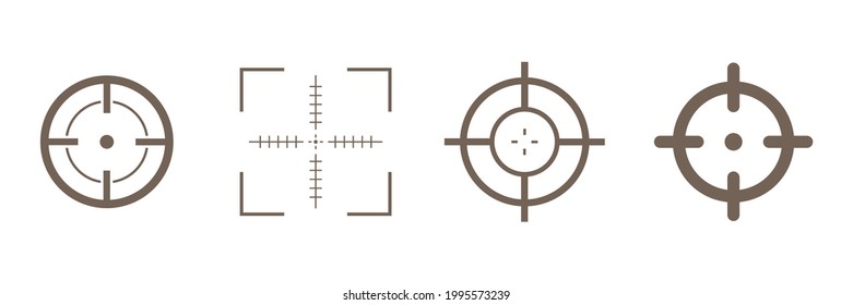 Target destination icon set. Aim sniper shoot elements. Military optical symbol. Focus cursor bull eye mark collection. Vector isolated on white