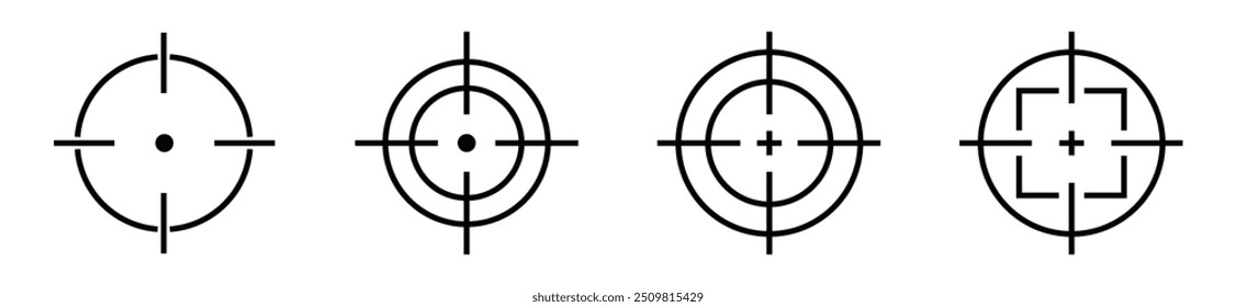 Ziel-Symbol-Set. Zielt auf Scharfschützen-Shooting-Gruppe. Fokus-Cursormarkensammlung mit Aufzählungszeichen. Vektor einzeln auf Weiß. Stock-Vektor. Abbildung.
