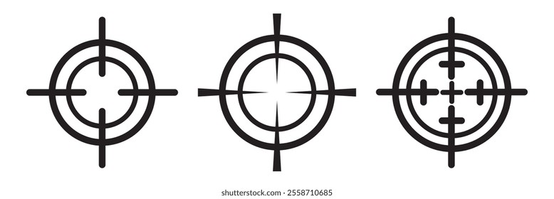 Target destination icon set. Aim sniper shoot group. Focus cursor bull eye mark collection. 