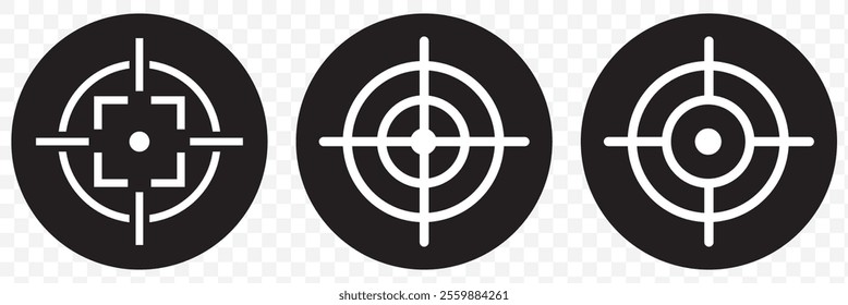 Target destination icon set. Aim sniper shoot group. Focus cursor bull eye mark collection. Vector isolated on transparent background. eps 10.