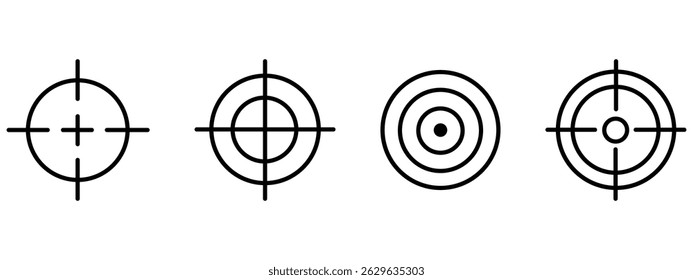 Conjunto de iconos de destino. Colección de iconos de contorno de destino de éxito. Pistola objetivo, enfoque, punto de mira, retícula, visor. Ilustración vectorial de Vector de ícono de marketing objetivo.
