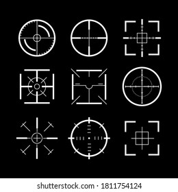 Ziel-Waffen Zeichen Weiße dünne Linie Symbol Set Symbol von Fokus und Genauigkeit auf einem Dunkeln. Vektorgrafik von Symbolen