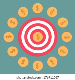 Target and dollar coins. Flat design. Vector Illustration