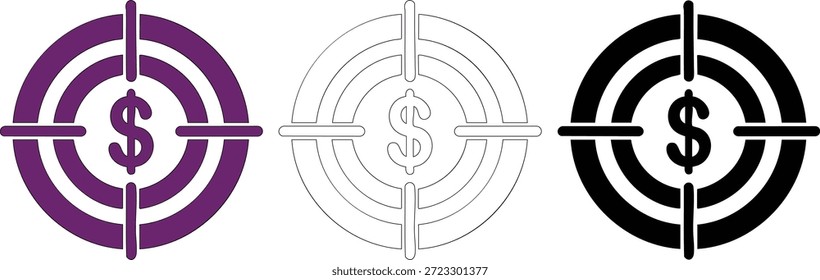 Objetivo con icono de signo de dólar en estilo plano aislado en fondo transparente símbolo de objetivo financiero concepto de puntería de dinero Ilustración vectorial estilo de diseño plano conjunto de objetivos