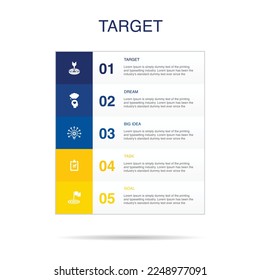 target, dream, big idea, task, goal, icons Infographic design layout design template. Creative presentation concept with 5 steps