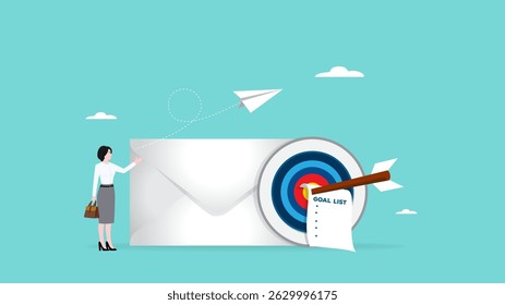 target email marketing, Digital Marketing Business Newsletter, subscribing to a newsletter or sending online promotions to direct customers to a website, woman man with paper plane and target email