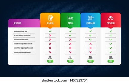 Target, Feather signature and Diagram chart icons simple set. Price list, pricing table. Ranking stars sign. Targeting, Feedback, Presentation graph. Winner award. Education set. Vector