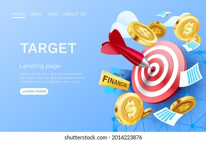 Target finance landing page, banner business 3d icon. Vector illustration