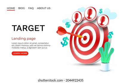 Target finance landing page, banner business 3d icon. Vector illustration