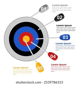 Objetivo con cinco flechas, tres pasos u opciones de infografía, tablero de dardos