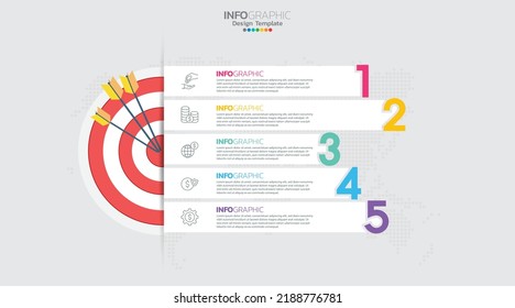 Objetivo con cinco pasos para tu plantilla de infografía de objetivo para web, negocios, presentaciones.