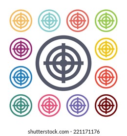 target flat icons set. Open round colorful buttons. Vector 