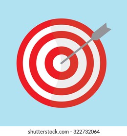 Target flat vector icon on blue background. Dart hitting a target
