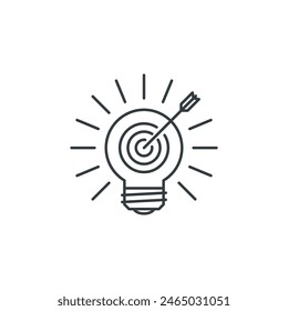 Objetivo, enfoque, flecha, bombilla, idea, luz, icono creativo, Ilustración vectorial
