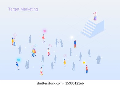 Target focus group audience for Advertising PR Marketing Isometric Flat vector illustration concept. Targeting in Crowd of People.