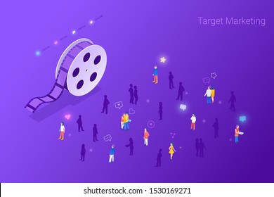 Target focus group audience for Cinema Stream Film Content Marketing Advertising Isometric Flat vector illustration concept. Targeting in Crowd of People.