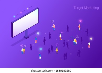 Target focus group audience for Outdoor Billboard Advertising Marketing Isometric Flat vector illustration concept. Targeting in Crowd of People.