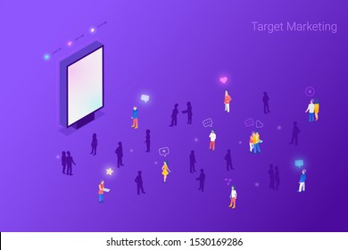 Target focus group audience for Outdoor Advertising Marketing Isometric Flat vector illustration concept. Targeting in Crowd of People.