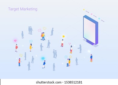 Target focus group audience for Outdoor Advertising Marketing Isometric Flat vector illustration concept. Targeting in Crowd of People.