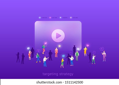 Target focus group audience for Video Stream Digital Content Marketing Advertising Flat vector illustration concept. Targeting in Crowd of People.