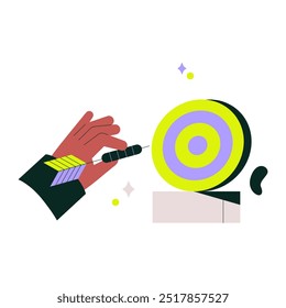 Enfoque objetivo con la mano apuntando un dardo, simbolizando objetivos, precisión y logro. Ilustración vectorial plana sobre el éxito, los objetivos de negocio y la estrategia, aislado sobre fondo blanco.