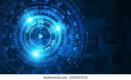 Target focus on blue background. Technology vision, digital business, eye security, electric circuit, future tech, military system, cyber target, electronic communication concept.