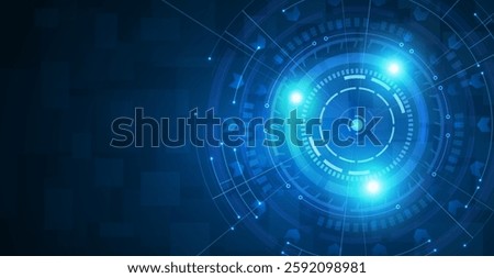 Target focus on blue background. Technology vision, digital business, eye security, electric circuit, future tech, military system, cyber target, electronic communication concept.