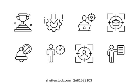 Conjunto de iconos de esquema de objetivo y enfoque: símbolos lineales, de estrategia y de logro de objetivos