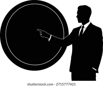 Target focus strategy silhouette vector illustration featuring person pointing at bullseye center for success.