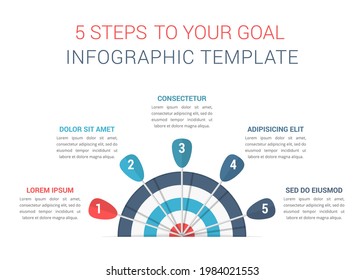 Objetivo con cuatro flechas, cinco pasos hacia su objetivo, plantilla infográfica, ilustración de eps10 vectoriales