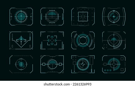 Hud ui de marco objetivo. Indicadores de objetivo futuristas con bordes de panel de control, pantalla de ciencia ficción con objetivos cruzados para la interfaz de tecnología. Conjunto de vectores. Dispositivo con juego de ciberradares