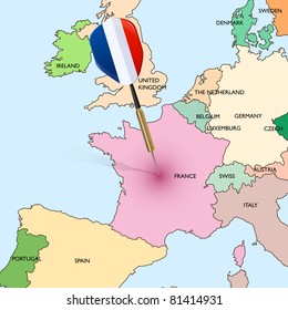 Target - France. Dart Hitting In France On The Europe Map.