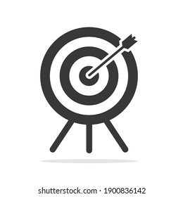 Target in front view with an arrow hit the center. Business challenge and goal achievement concept. Flight path. Vector illustration isolated on white background. Black icon.