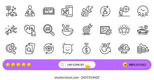 Target goal, 360 degrees and Smile line icons for web app. Pack of Genders, Inspect, Return parcel pictogram icons. Chemistry lab, Money loss, Person info signs. Food app, Buyer, Meeting time. Vector