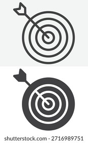 Zielpfeil-Symbol in anderem Stil eingestellt. Linienkontur und Volumenkörper-Symbol-Formen. Bearbeitbares Strichvektorzeichen und -symbol. Zielsymbol für Ziel- und Erfolgsoberfläche.