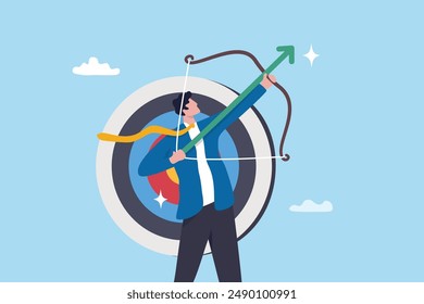 Target, goal or business objective, growth or achievement, aiming for purpose, ambition or aspiration to success, leadership or skill to achieve target concept, businessman archery aim to hit target.