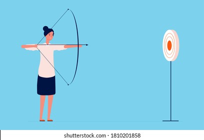 Target goal. Business woman shooting with bow and arrow, successful lady. Girl investor or project manager vector character