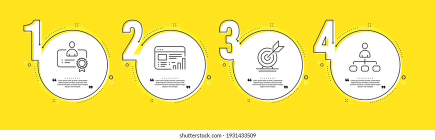 Target goal, Certificate and Web report line icons set. Timeline process infograph. Management sign. Successful business, Best employee, Graph chart. Agent. Education set. Vector