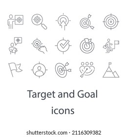 Iconos de objetivo y objetivo definidos. Elementos vectores de símbolo de paquete de objetivo y de objetivo para la web de infografía