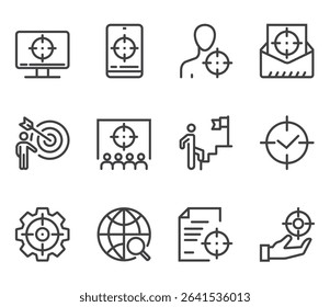 
Target and goal line art outline isolated icons set. Vector flat graphic design illustration